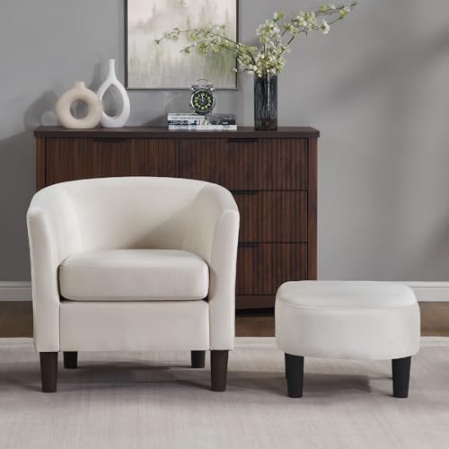 White Velvet Accent Barrel Chair with Ottoman F7660