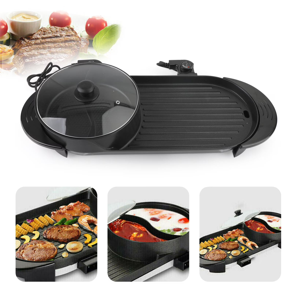 2 in 1 Portable Electric Hot Pot Barbecue Grill Non-Stick Pan N714732
