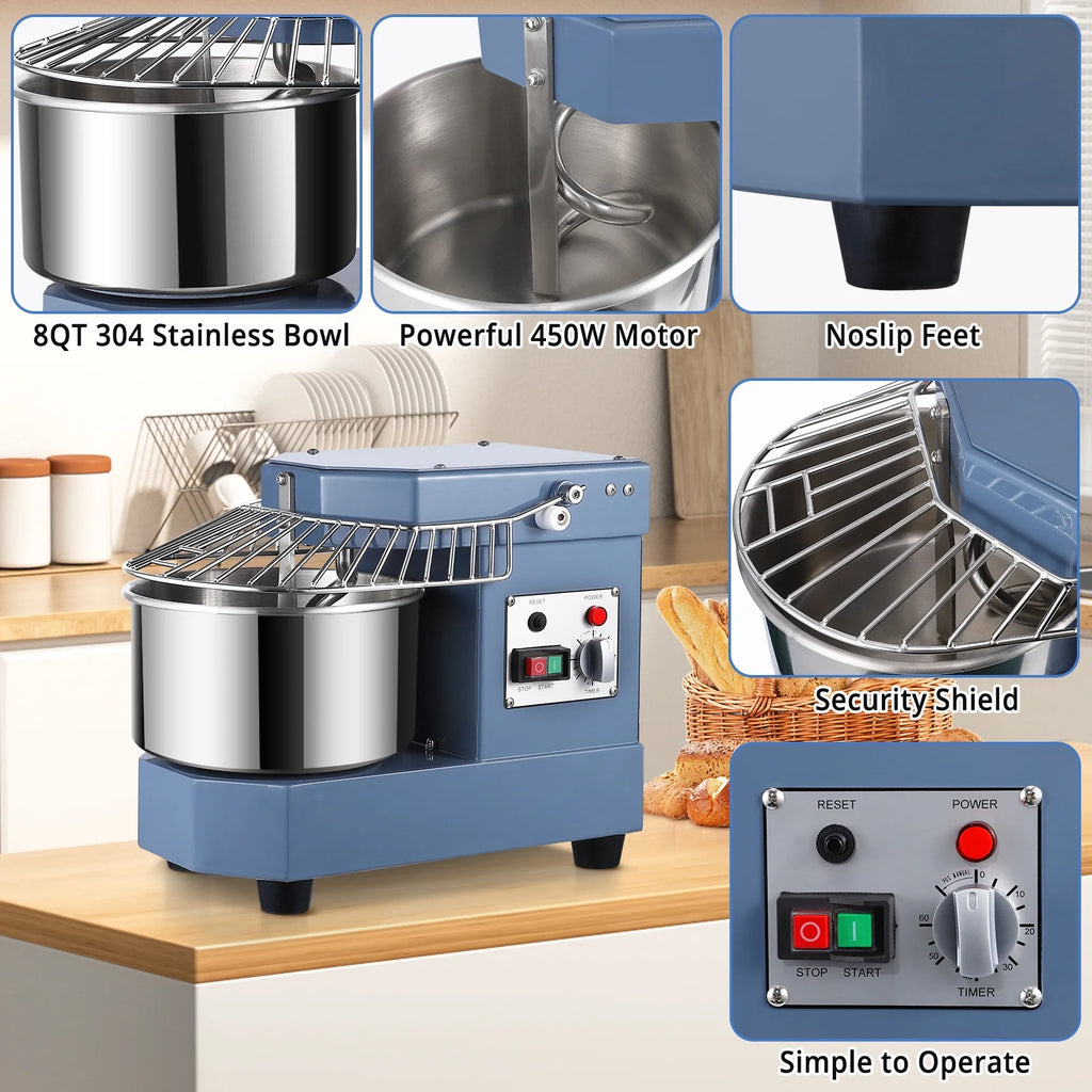 Commercial Dough Mixer, 8Qt Capacity, 450W Dual Rotating Dough Kneading Machine with Stainless Steel Bowl, Safety Shield, 110V N36888