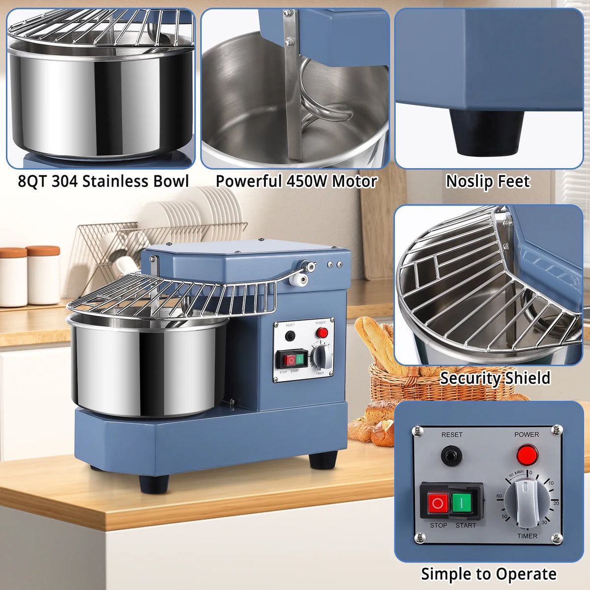 Commercial Dough Mixer, 8Qt Capacity, 450W Dual Rotating Dough Kneading Machine with Stainless Steel Bowl, Safety Shield, 110V N36888