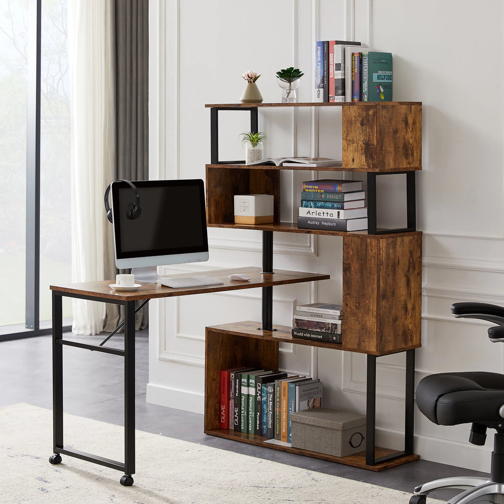 L-Shaped Corner Computer Desk with 5-Tier Bookshelf P603