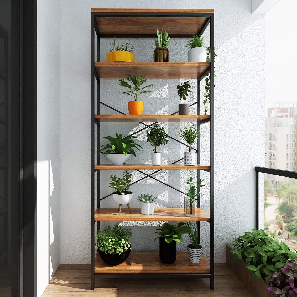 Industrial 5 Shelf Metal and Wooden Bookshelf J18254