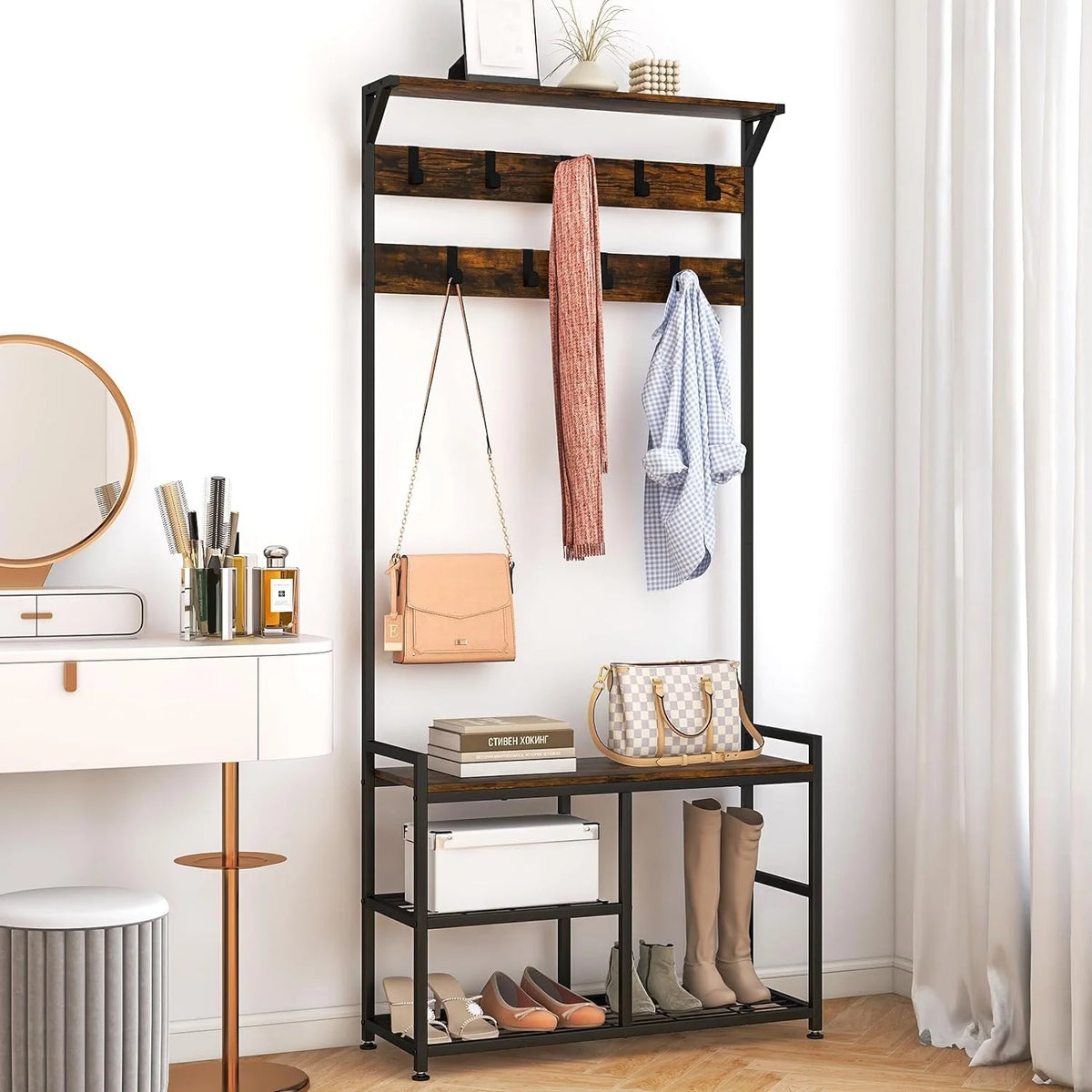 Coat Rack Shoe Bench 3-Tier with 9 Hanging Hooks X23396