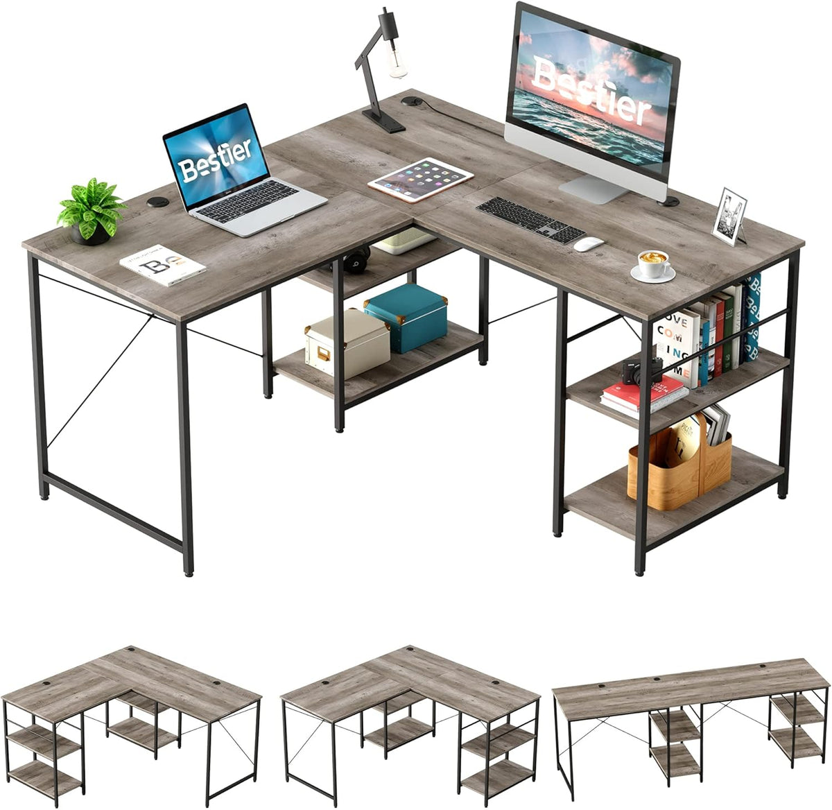 L Shaped Gaming Desk with Shelves 95.2 Inch Reversible Corner Computer Desk B560953