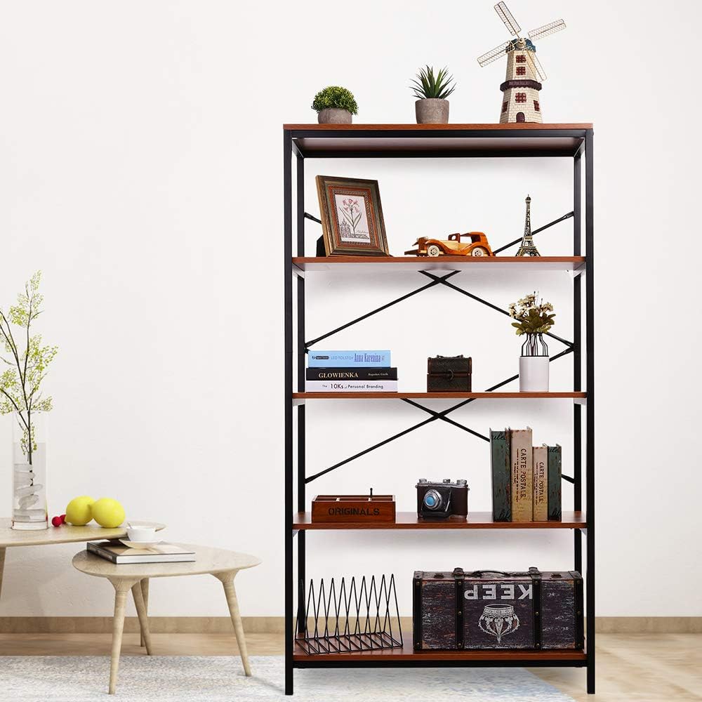 Industrial 5 Shelf Metal and Wooden Bookshelf J18254