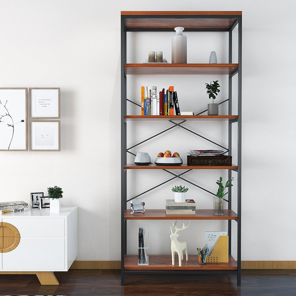 Industrial 5 Shelf Metal and Wooden Bookshelf J18254