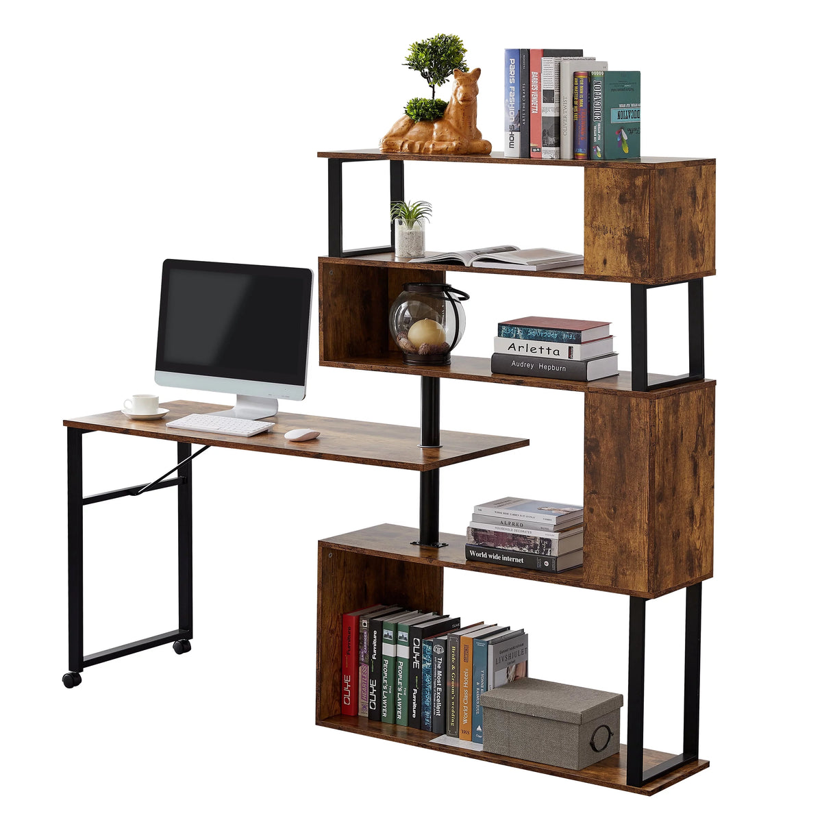 L-Shaped Corner Computer Desk with 5-Tier Bookshelf P603