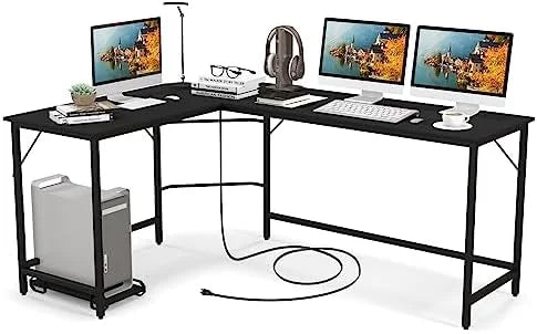 L-Shaped Office Desk with Power Outlets USB Ports Metal Frame E998993