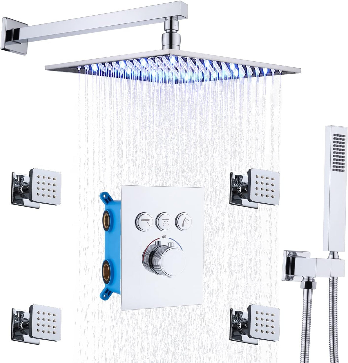 12 Inch Ceiling Rain Shower Head Combo System with 4 pcs Body Jets and Handheld Shower Faucet Fixture Set (Matte Black) A235