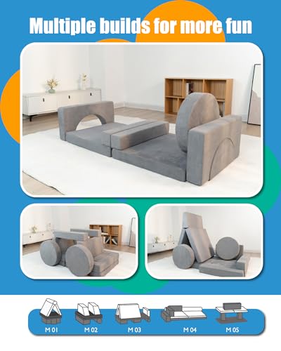 15PCS Modular Toddler Play Couch with Removable Cover Gray Foam Sofa J38088