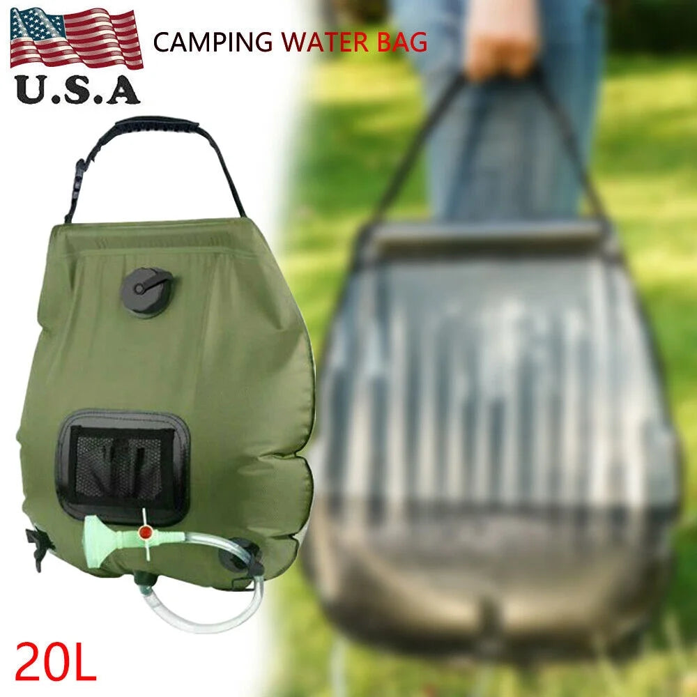 5 Gallon Solar Heated Camping Shower Bag with Removable Hose, Green PVC R34618