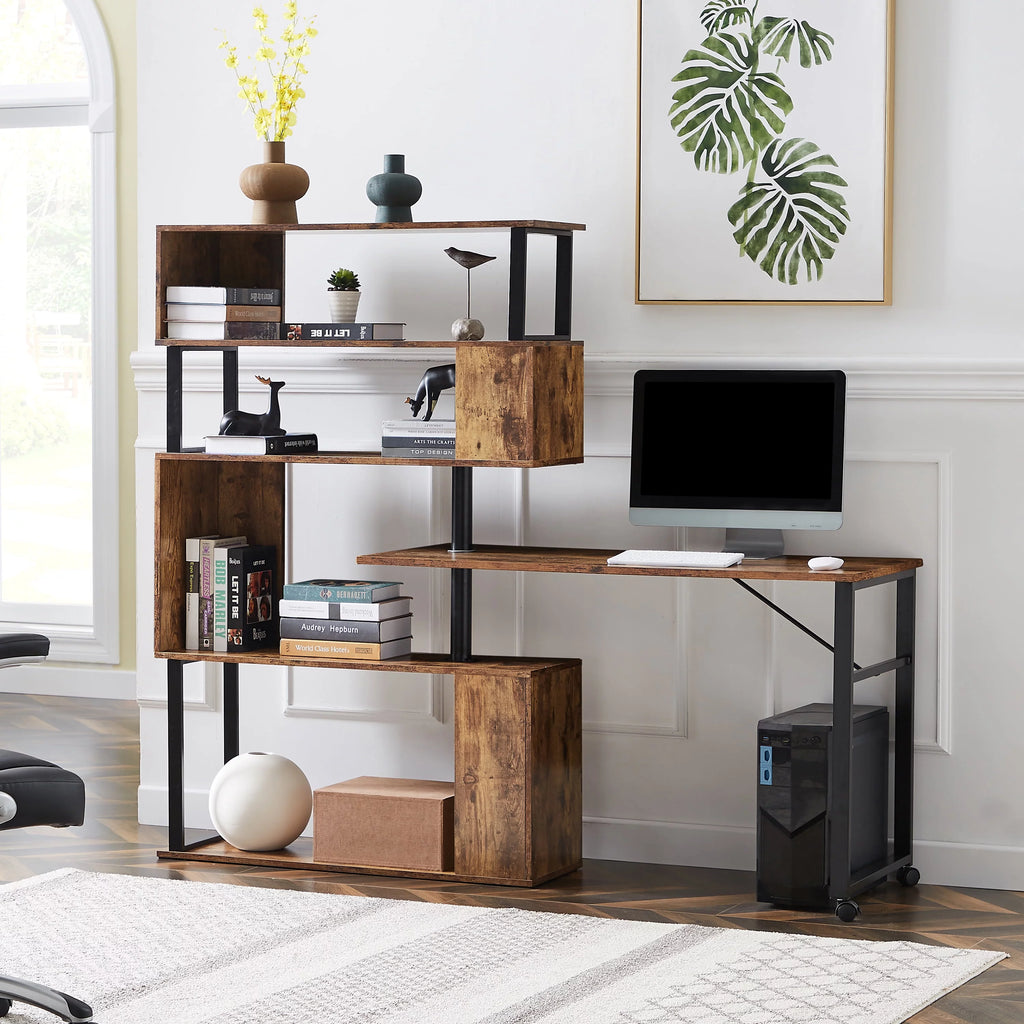 L-Shaped Corner Computer Desk with 5-Tier Bookshelf P603
