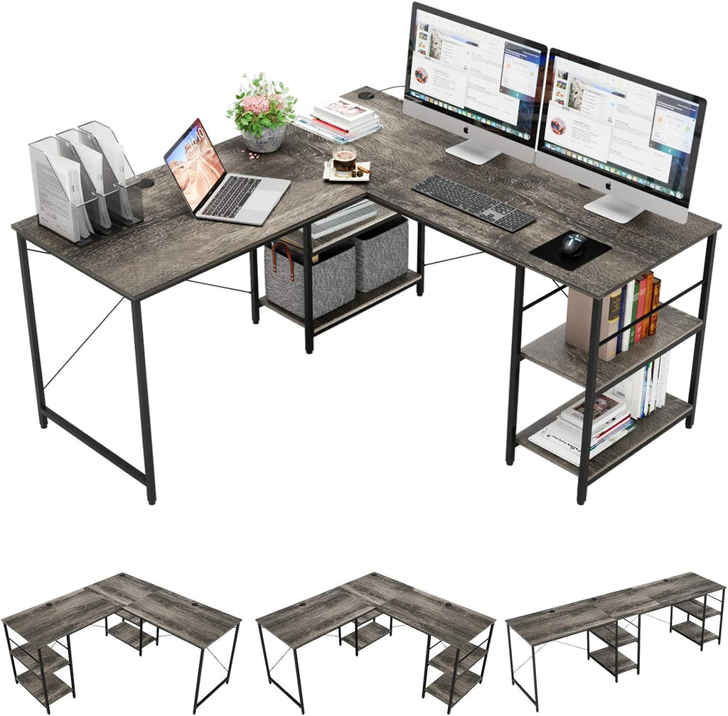 L Shaped Gaming Desk with Shelves 95.2 Inch Reversible Corner Computer Desk B560953