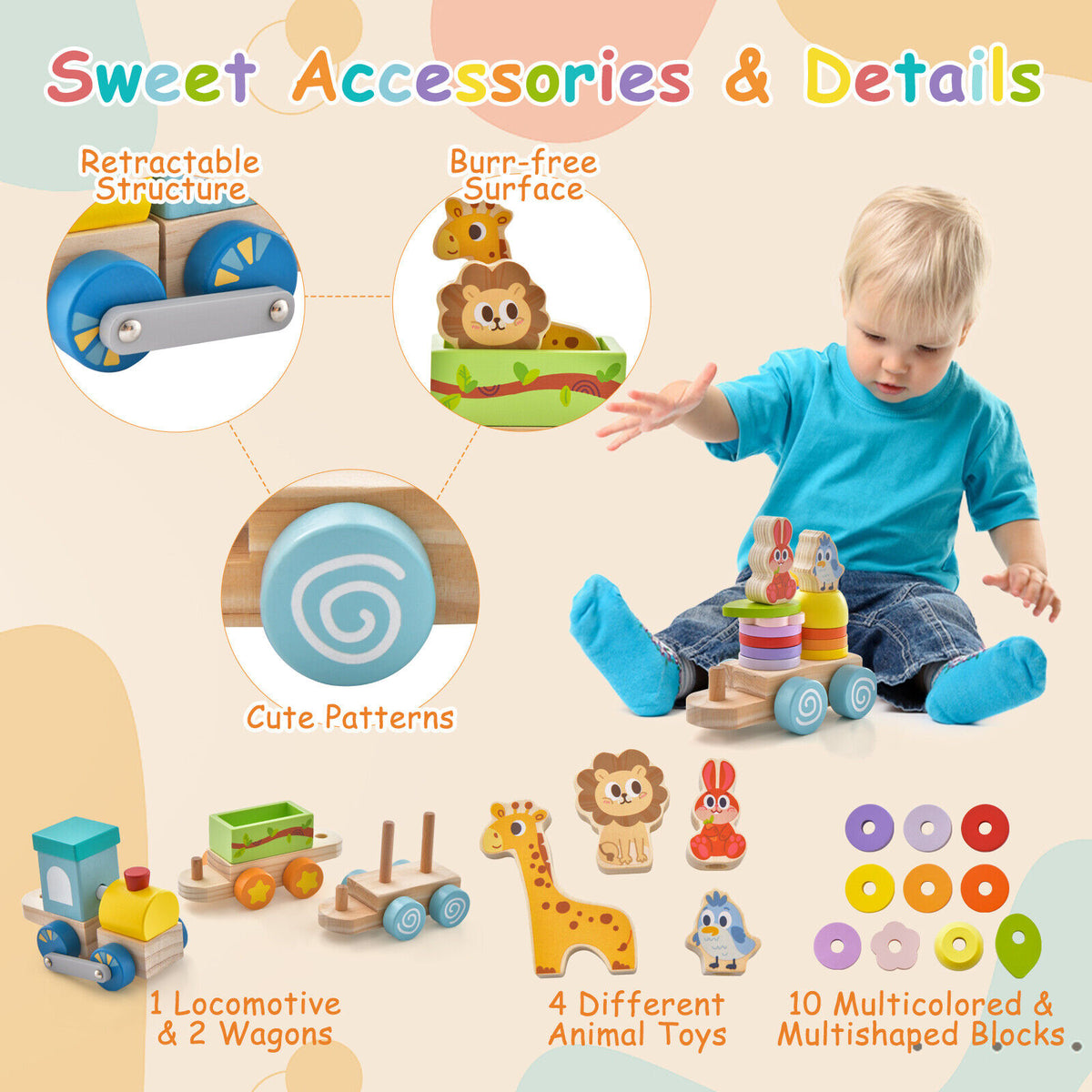 Wooden Stackable Train Set with Animal Toys & Locomotive F123543