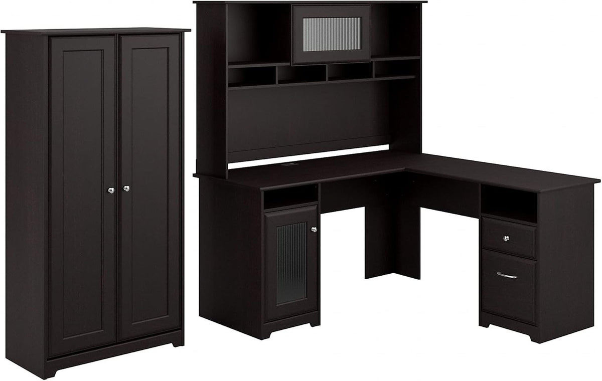 L Shaped Desk with Hutch and Tall Storage Cabinet S7622