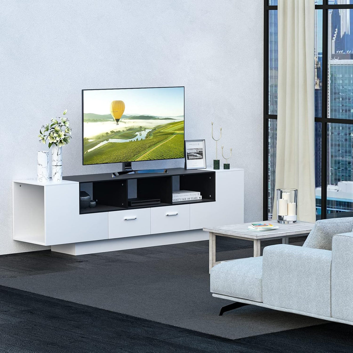 70 Inch Black & White Glossy TV Stand B4398