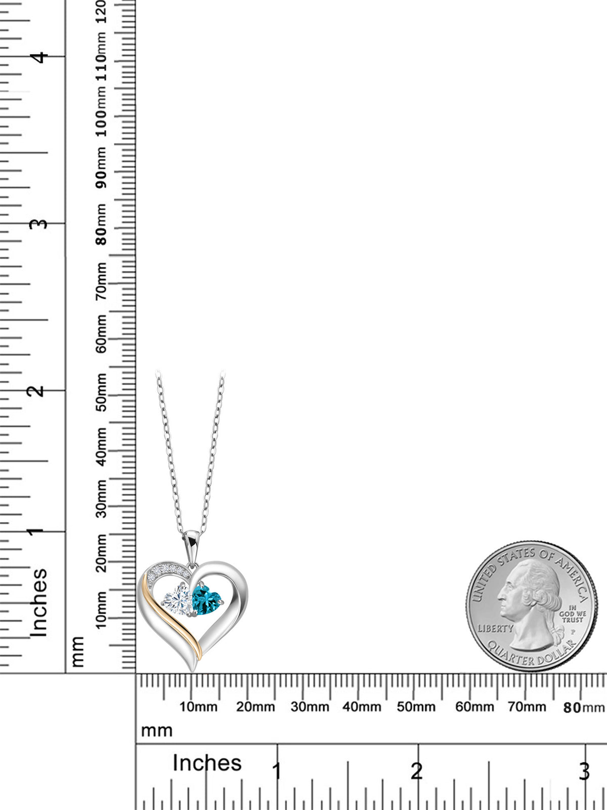 925 Silver 10K Yellow Gold Heart Shape Lab Grown Diamond Pendant Necklace with White Moissanite and London Blue Topaz (1.08 Cttw, Double Heart, 18 inch Chain) J192214