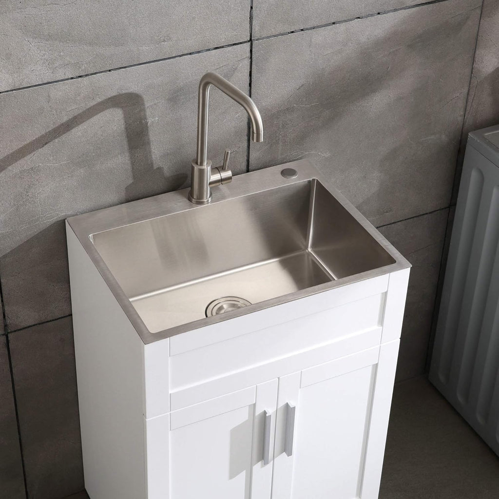 White Laundry Utility Cabinet with Stainless Steel Sink and Faucet J8795