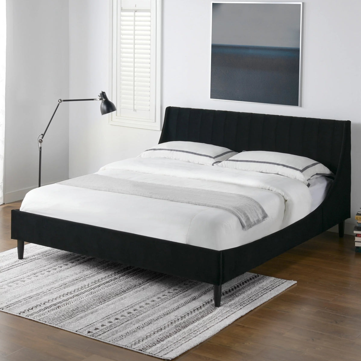 King Anthracite Black Velvet Platform Bed Set H67132
