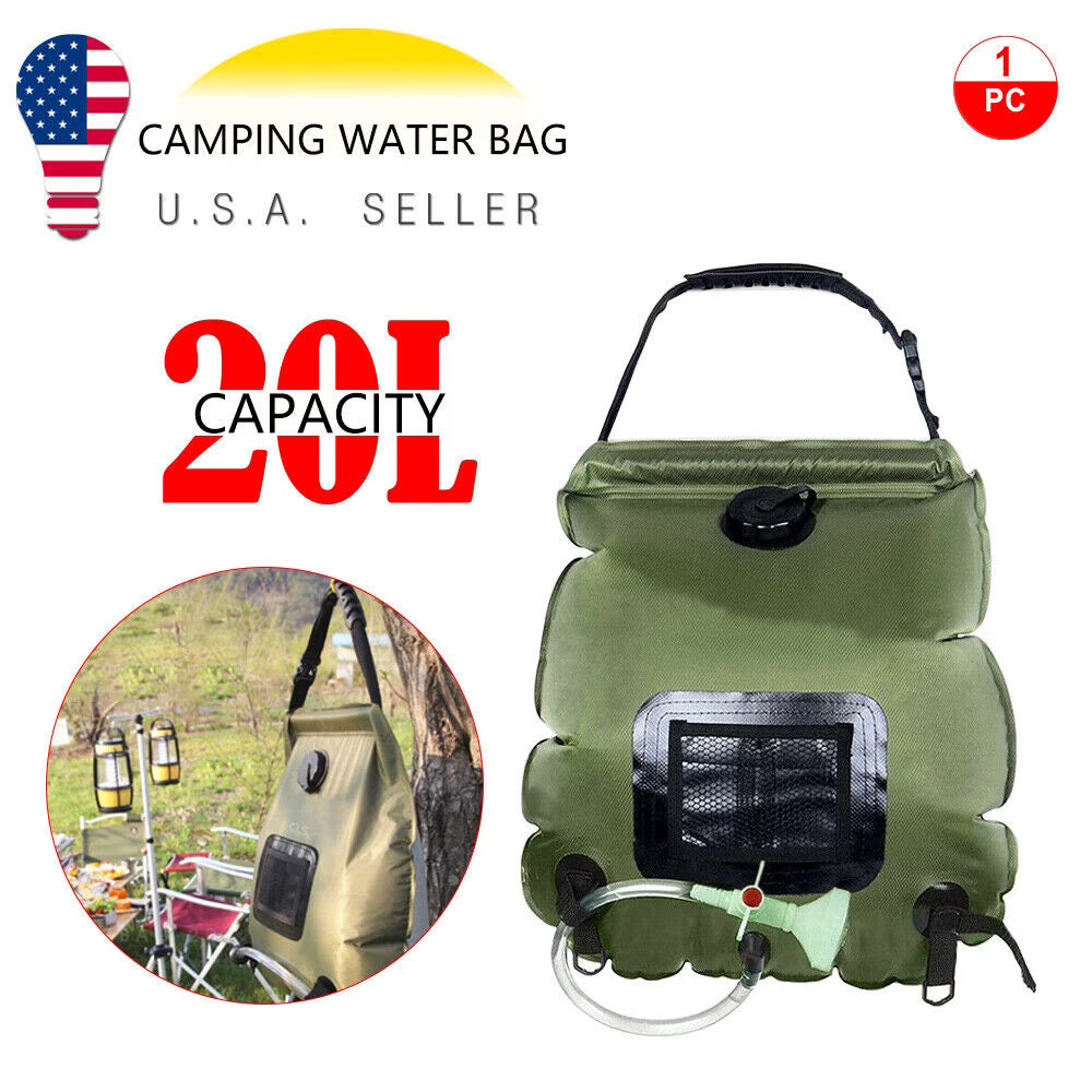 5 Gallon Solar Heated Camping Shower Bag with Removable Hose, Green PVC R34618