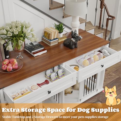 White Wooden Dog Crate Furniture with 2 Storage Drawers R837766