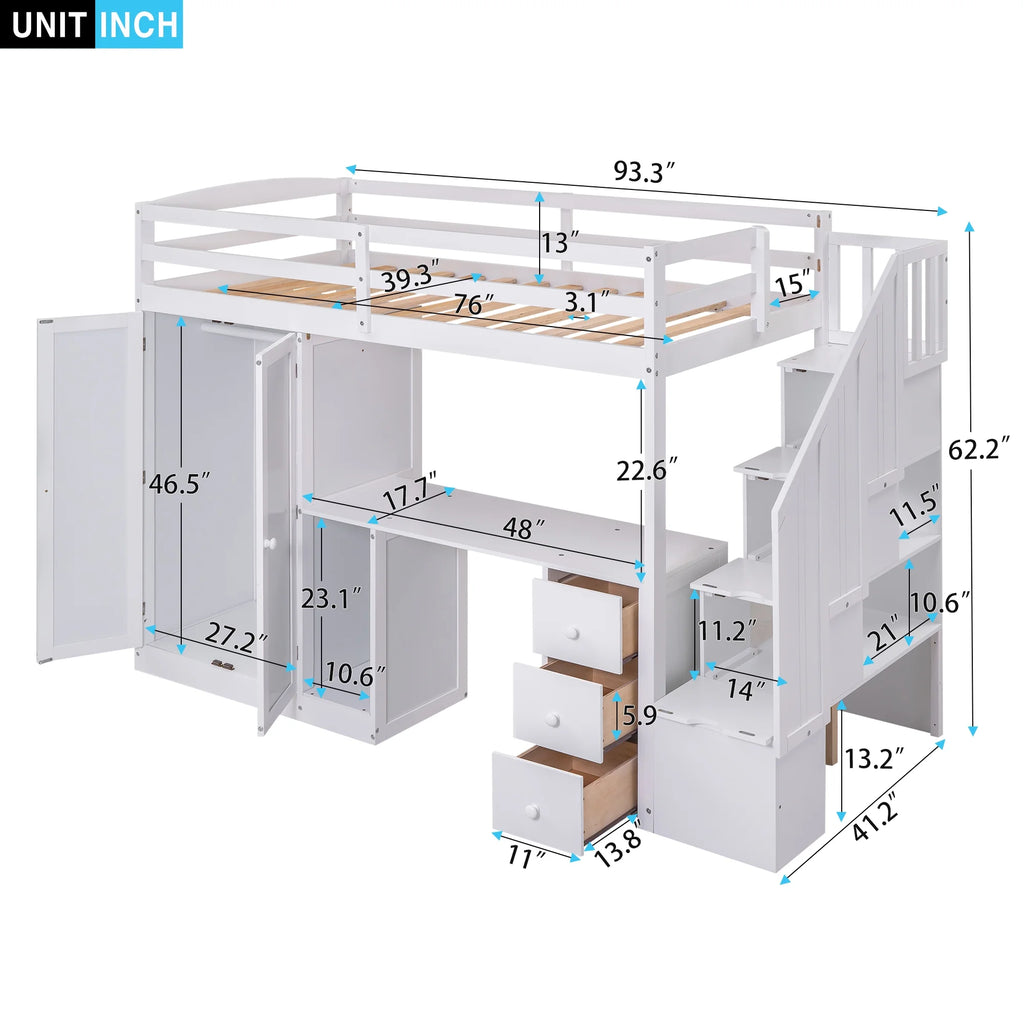 Twin Size White Wood Loft Bed with Wardrobe and Desk X88709
