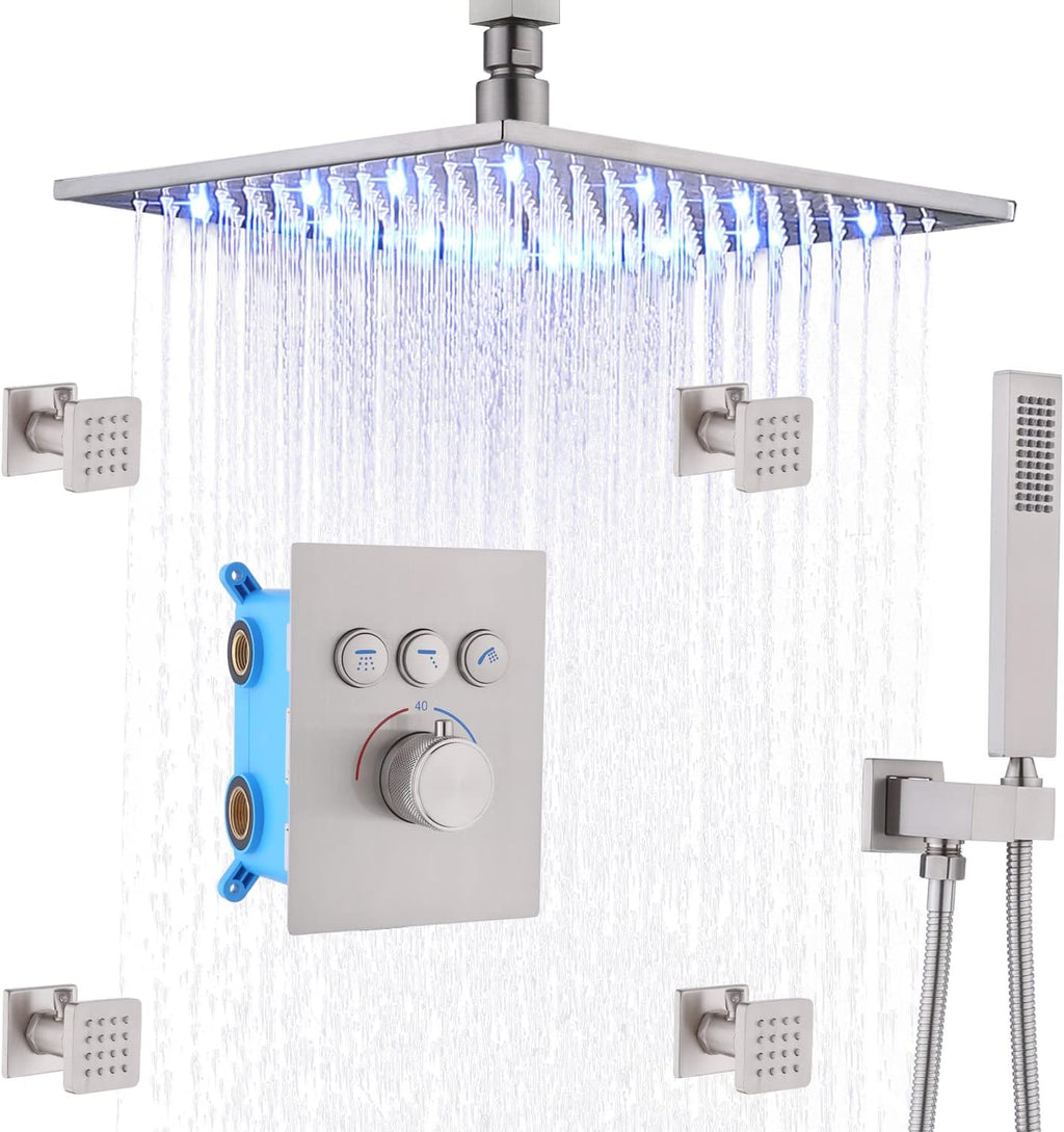 12 Inch Ceiling Rain Shower Head Combo System with 4 pcs Body Jets and Handheld Shower Faucet Fixture Set (Matte Black) A235