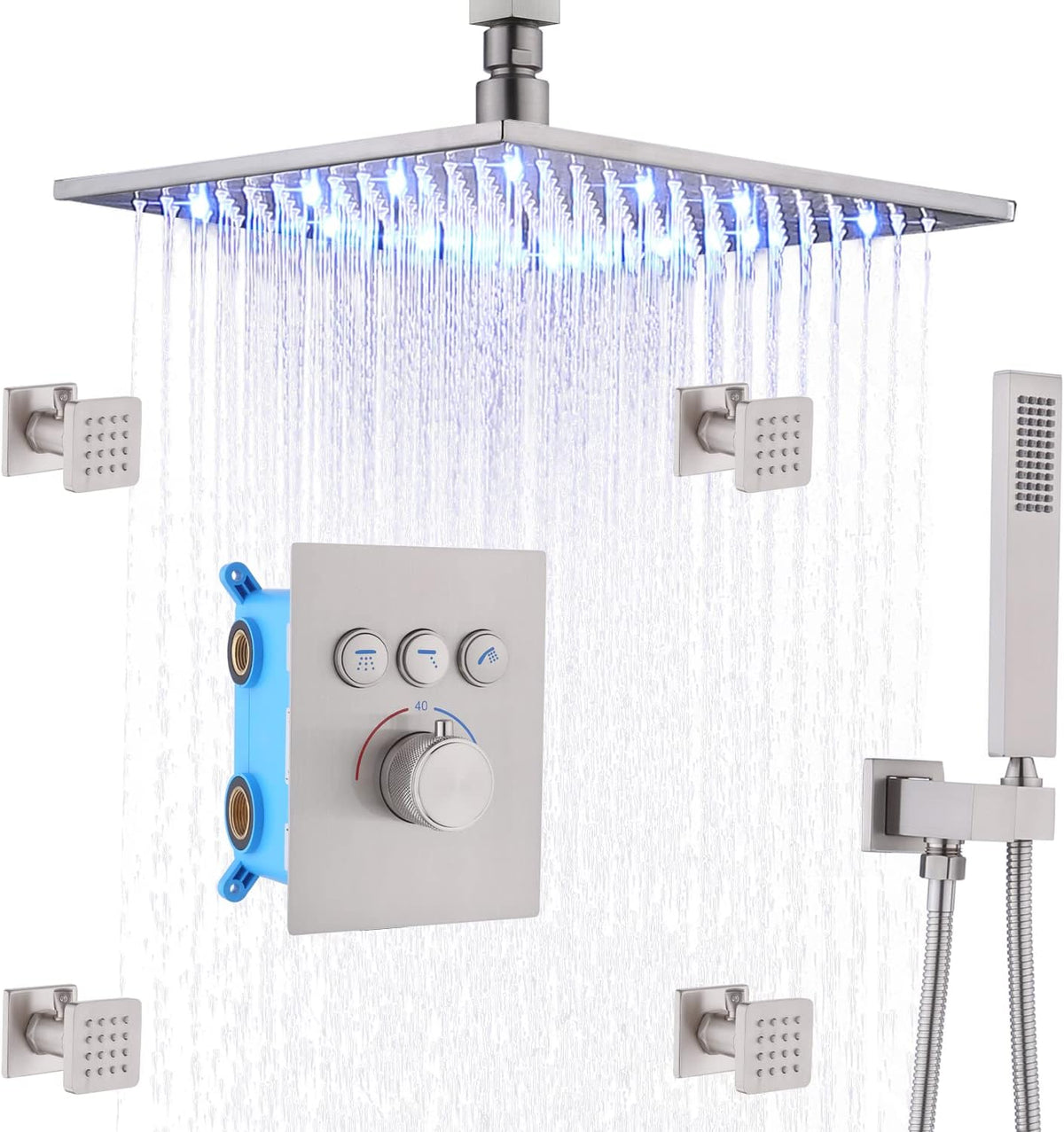 12 Inch Ceiling Rain Shower Head Combo System with 4 pcs Body Jets and Handheld Shower Faucet Fixture Set (Matte Black) A235