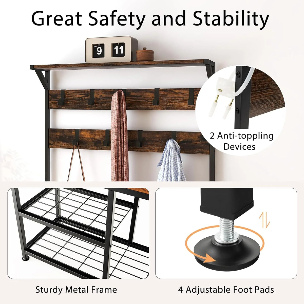 Coat Rack Shoe Bench 3-Tier with 9 Hanging Hooks X23396