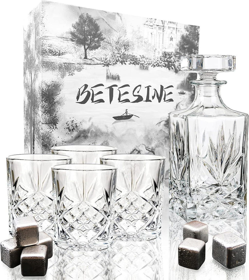 Crystal Whiskey Decanter Set with 4 Glasses and Chilling Whiskey Stones Z5284