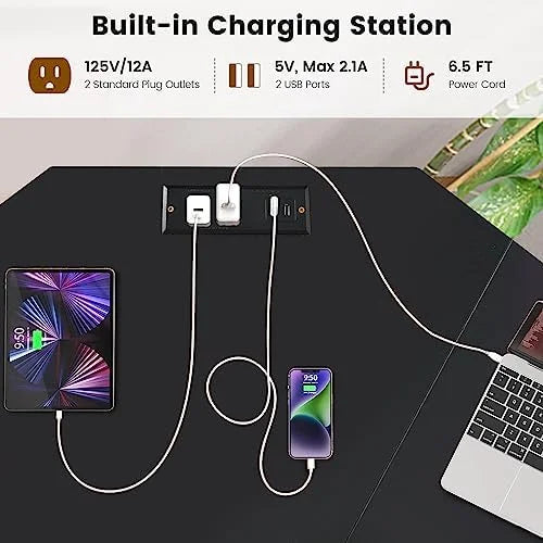 L-Shaped Office Desk with Power Outlets USB Ports Metal Frame E998993