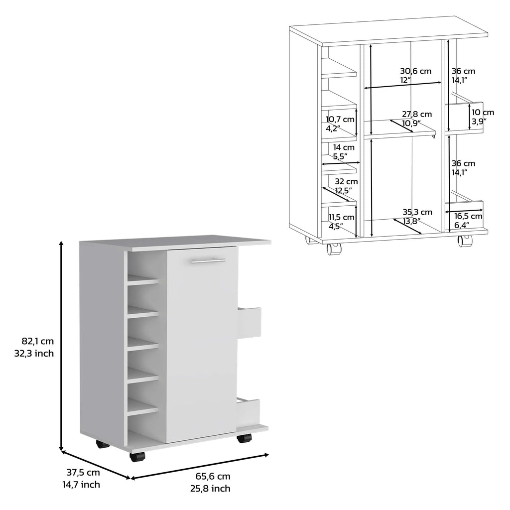 White Engineered Wood Bar Cart with 2 Side Shelves J3492