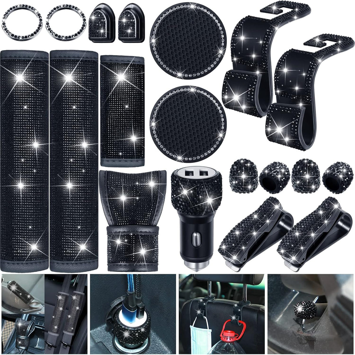 19 Pcs Bling Car Accessories Set (White) E453