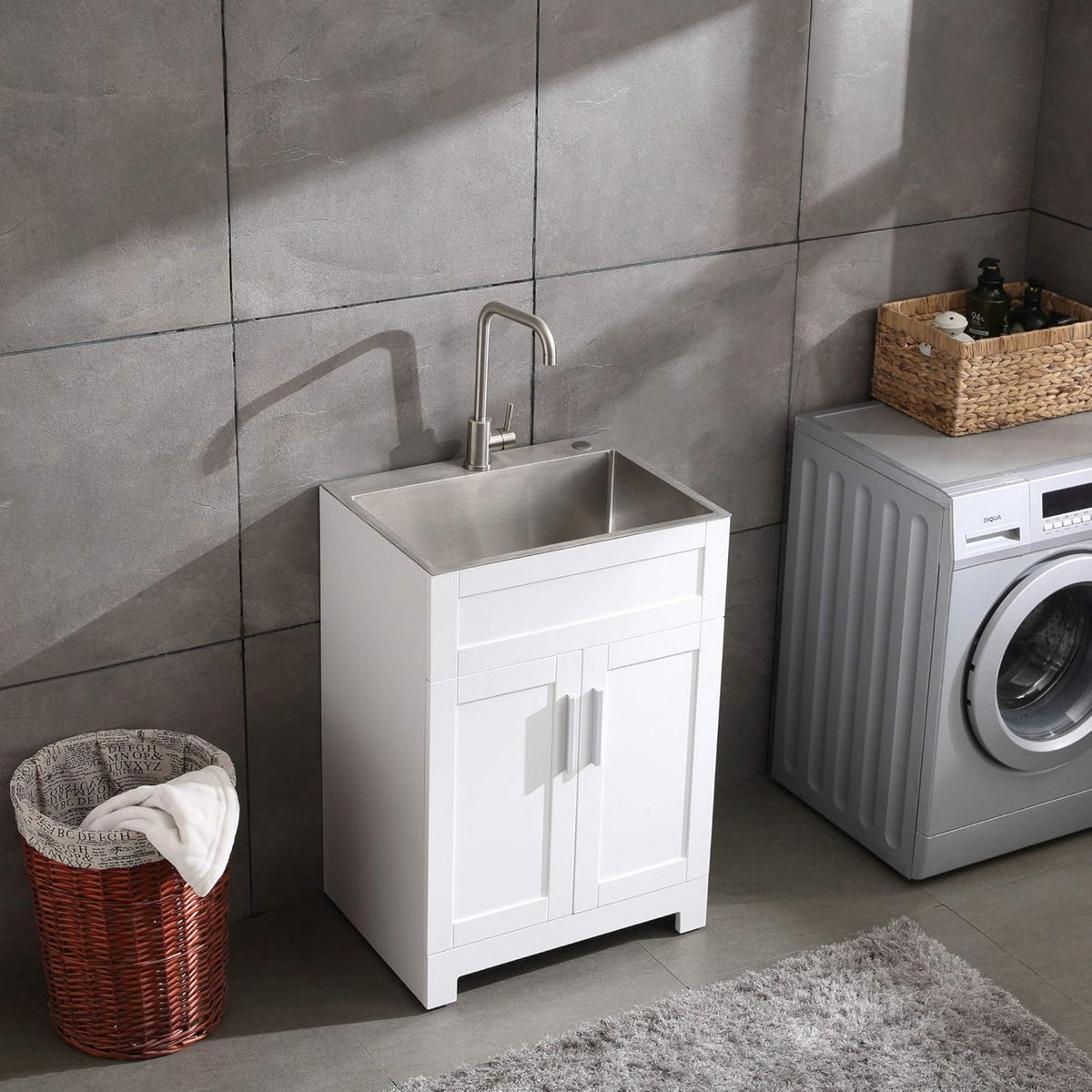 White Laundry Utility Cabinet with Stainless Steel Sink and Faucet J8795