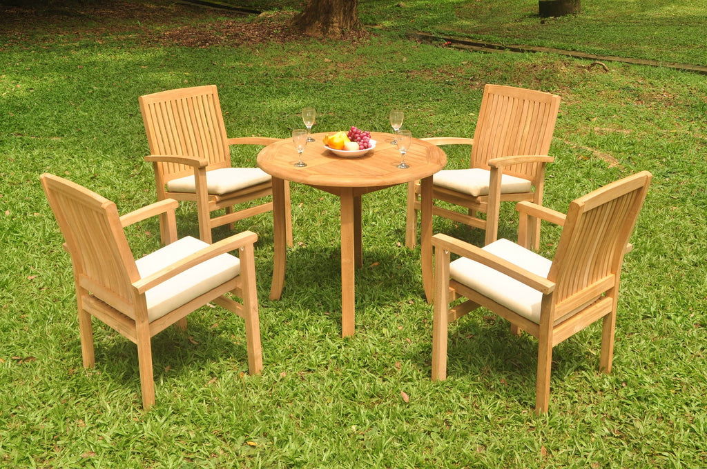 Grade-A Teak 5 Pc Dining Set with 36" Round Table and 4 Stacking Arm Chairs E66070