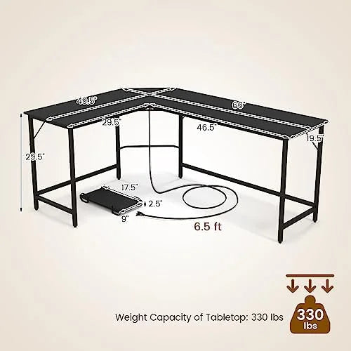 L-Shaped Office Desk with Power Outlets USB Ports Metal Frame E998993