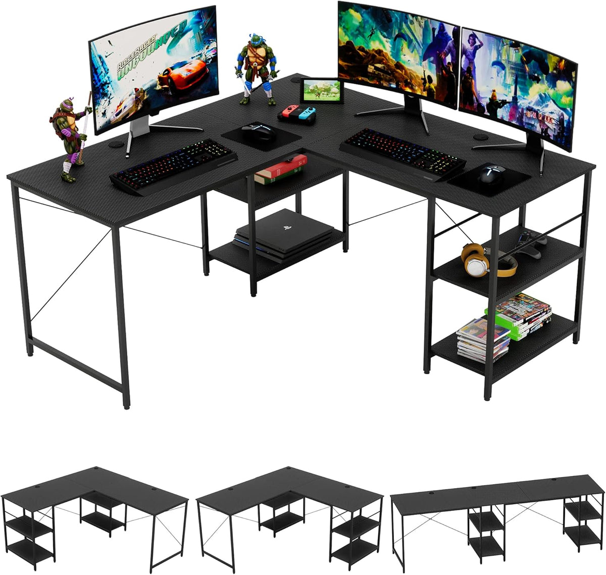 L Shaped Gaming Desk with Shelves 95.2 Inch Reversible Corner Computer Desk B560953