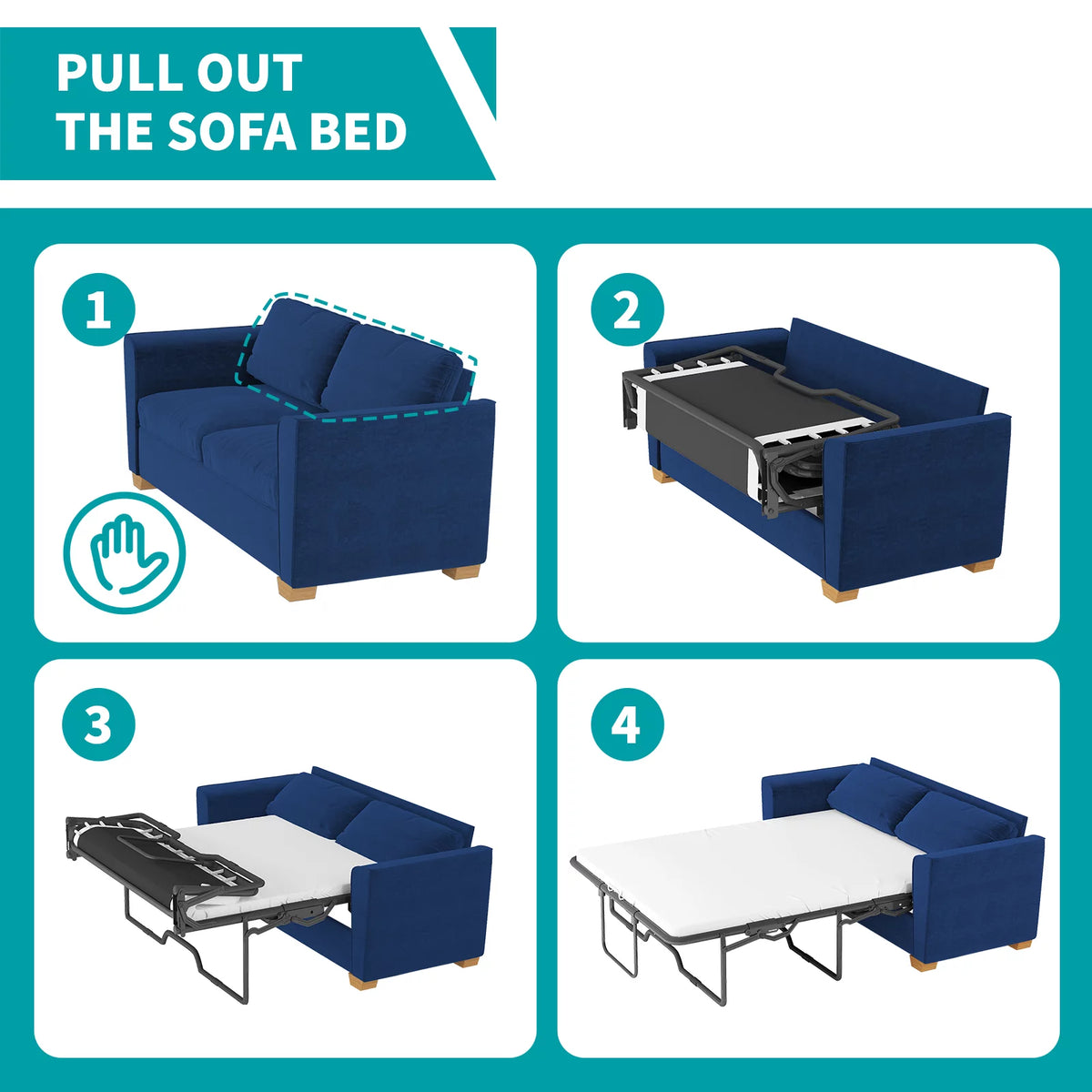 Blue Velvet Pull Out Sofa Bed with Foam Mattress P629