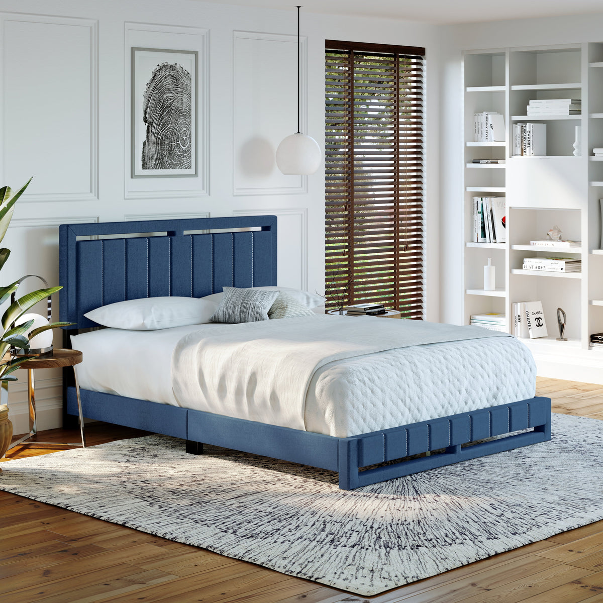 Blue Queen Upholstered Linen Platform Bed L78704