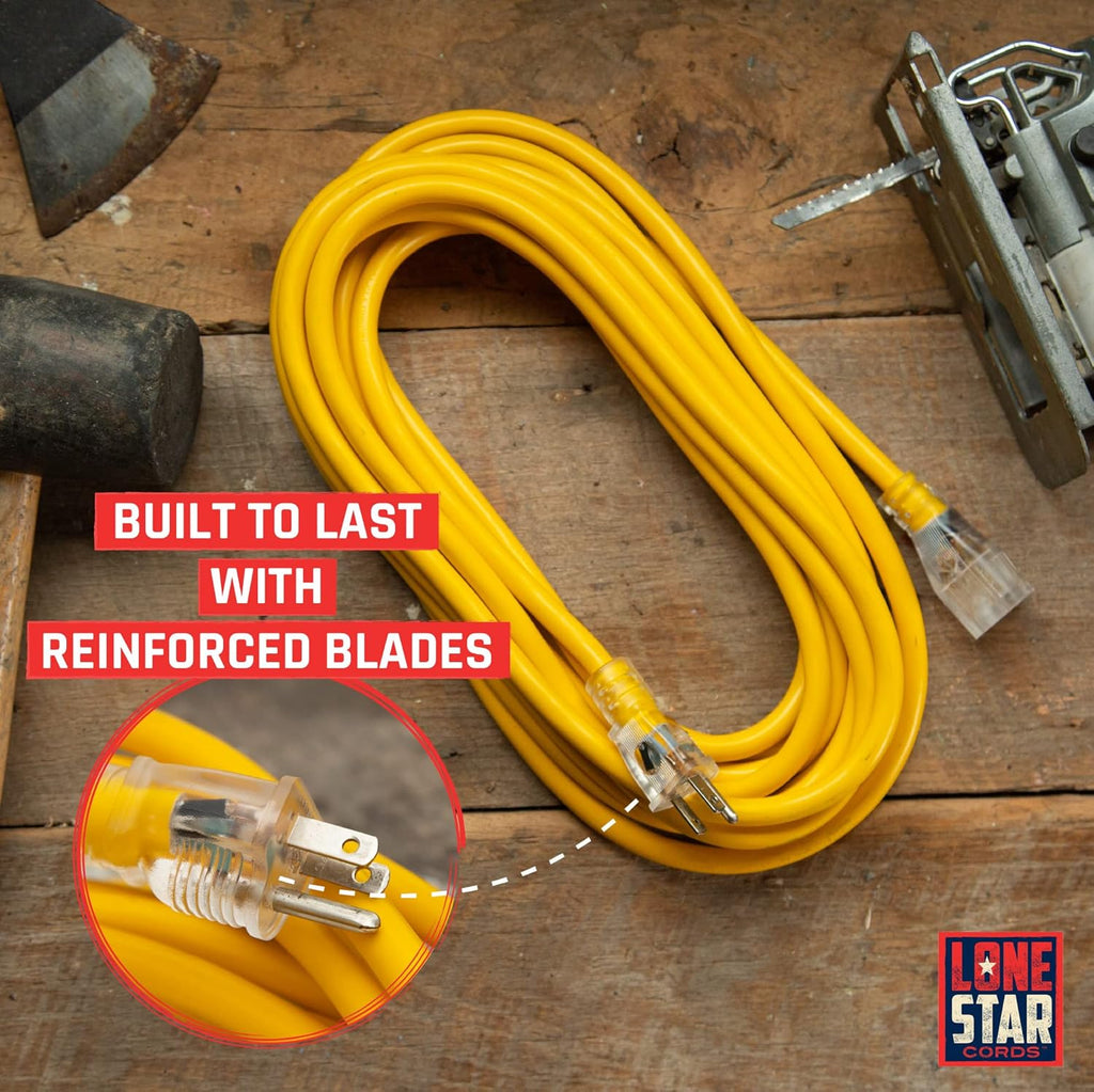 100 Foot 12/3 SJTW Lighted Extension Cord Yellow 3 Prong Grounded Plug 12 Gauge M68871