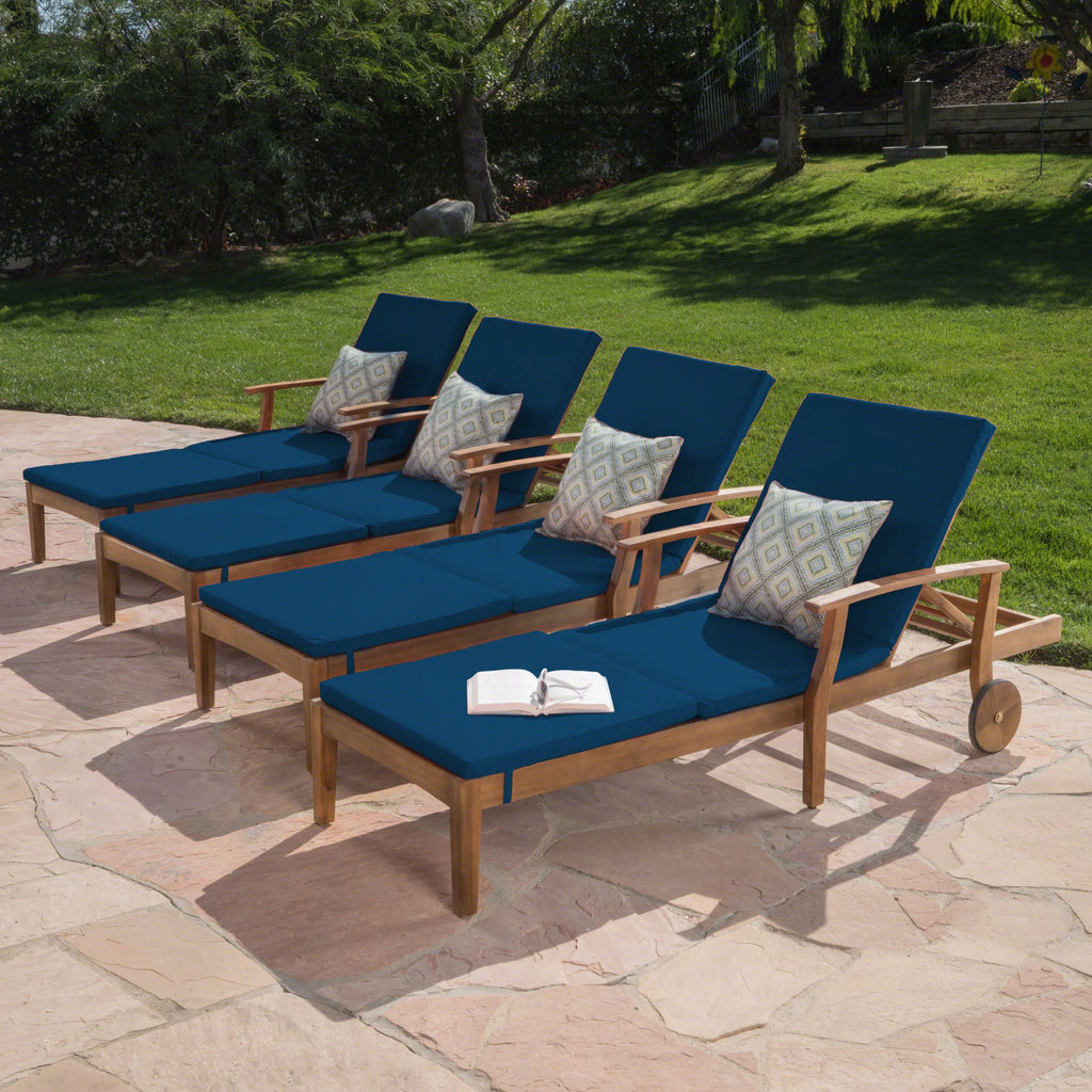 Acacia Wood Adjustable Chaise Lounge with Cushion, Set of 4 V103