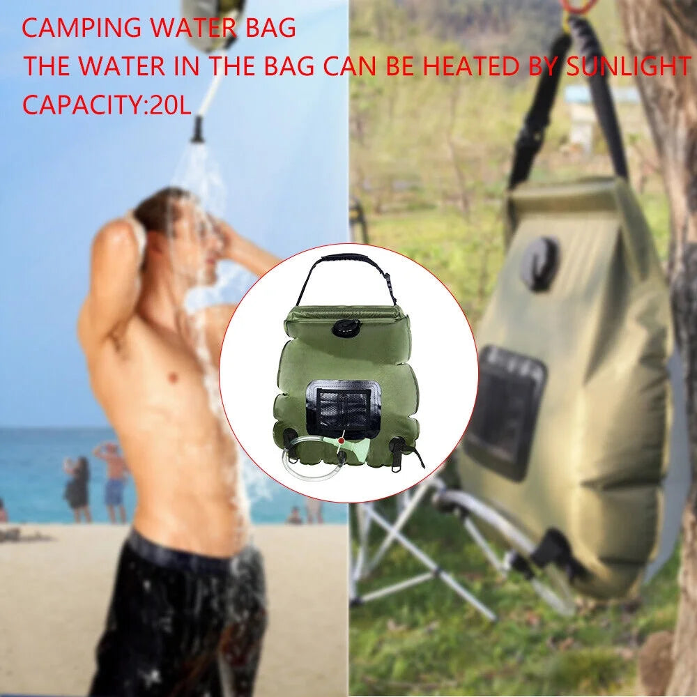 5 Gallon Solar Heated Camping Shower Bag with Removable Hose, Green PVC R34618