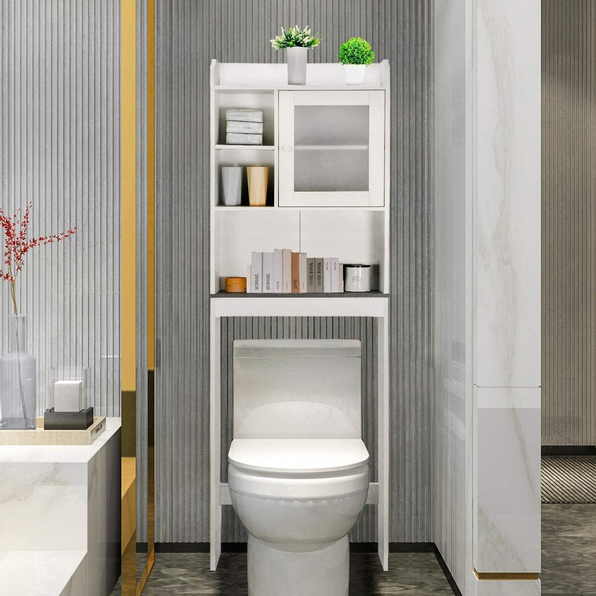 White 4-Tier Over The Toilet Storage Cabinet with Adjustable Shelves and Tempered Glass Door K764086