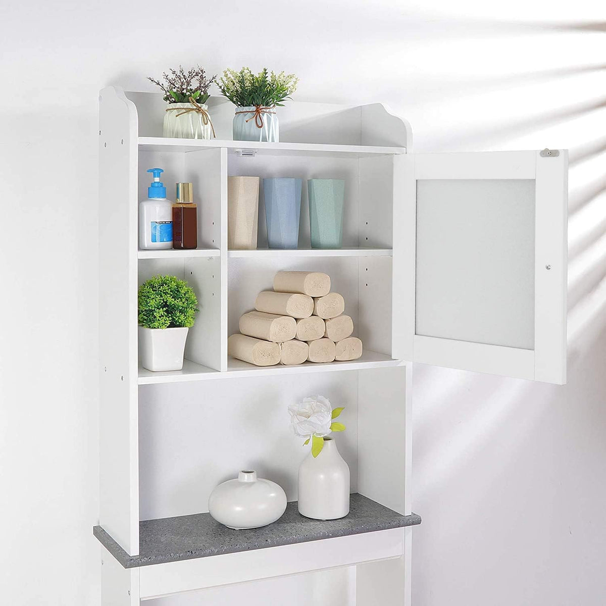 White 4-Tier Over The Toilet Storage Cabinet with Adjustable Shelves and Tempered Glass Door K764086
