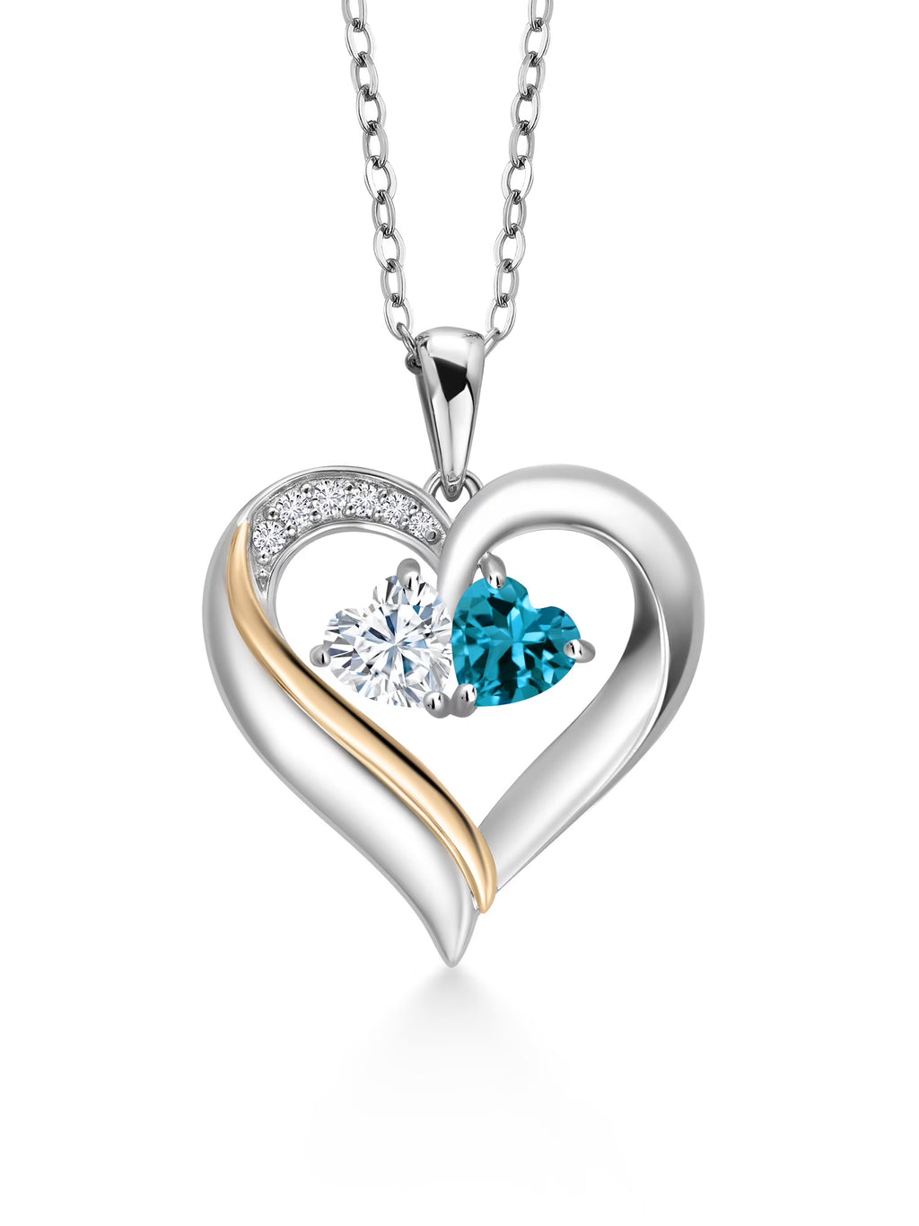 925 Silver 10K Yellow Gold Heart Shape Lab Grown Diamond Pendant Necklace with White Moissanite and London Blue Topaz (1.08 Cttw, Double Heart, 18 inch Chain) J192214