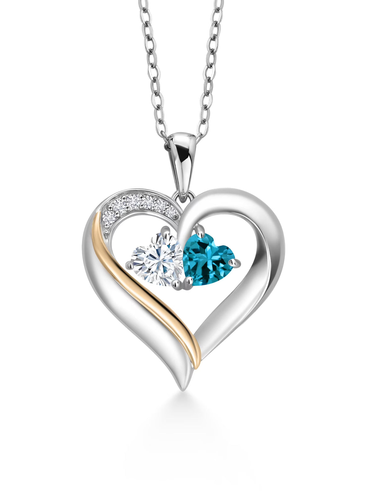 925 Silver 10K Yellow Gold Heart Shape Lab Grown Diamond Pendant Necklace with White Moissanite and London Blue Topaz (1.08 Cttw, Double Heart, 18 inch Chain) J192214