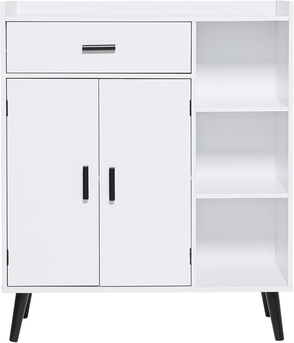White Wood Storage Cabinet with 1 Drawer and 3 Shelves U900788