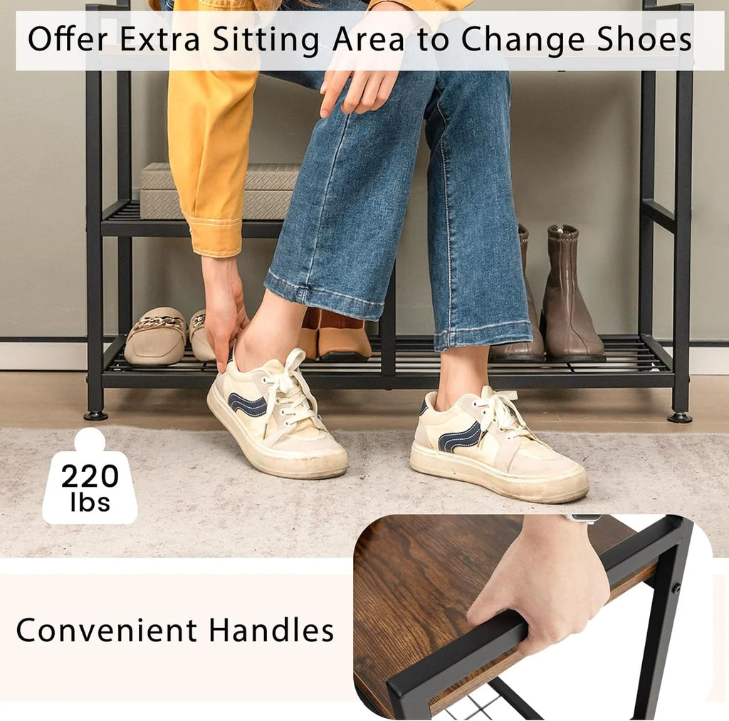 Coat Rack Shoe Bench 3-Tier with 9 Hanging Hooks X23396