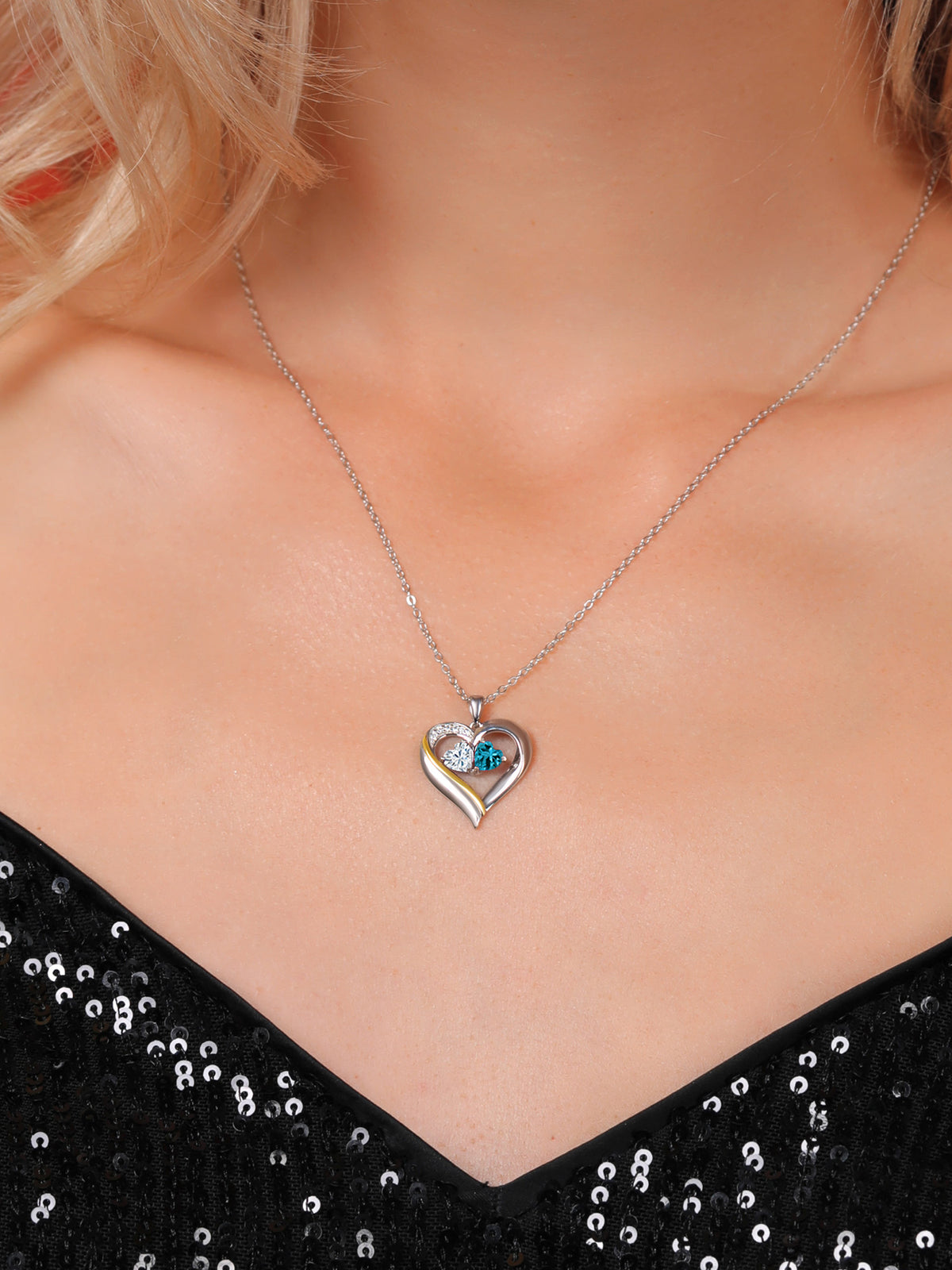925 Silver 10K Yellow Gold Heart Shape Lab Grown Diamond Pendant Necklace with White Moissanite and London Blue Topaz (1.08 Cttw, Double Heart, 18 inch Chain) J192214