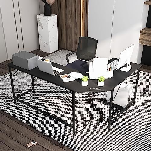 L-Shaped Office Desk with Power Outlets USB Ports Metal Frame E998993